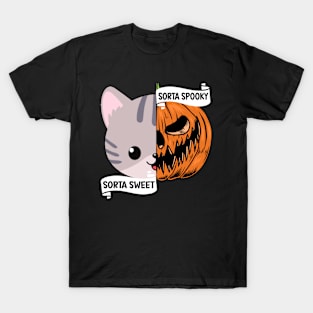 Sorta Sweet Sorta Spooky Funny Halloween Skeleton Pumpkin Cat Lover T-Shirt